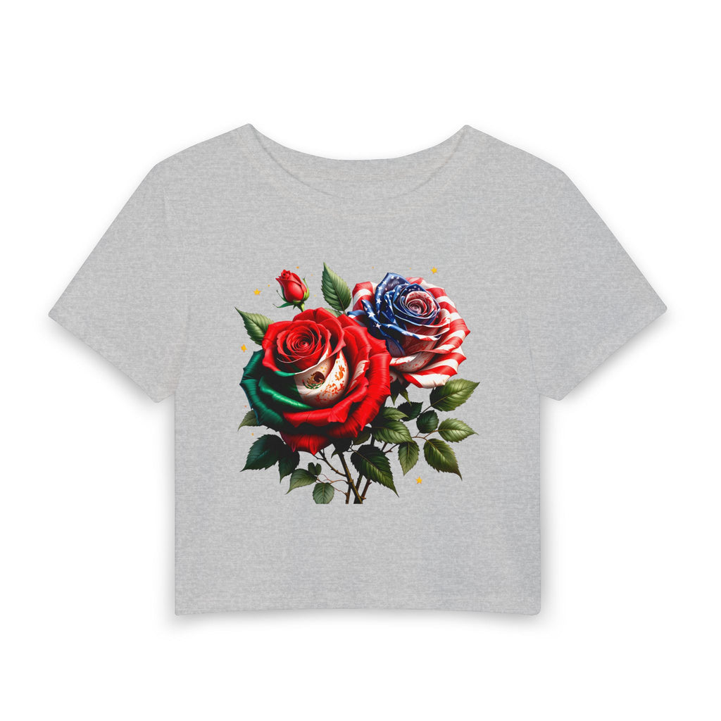 Women's Crop Tee — Vintage Red & Blue Rose Bouquet Graphic