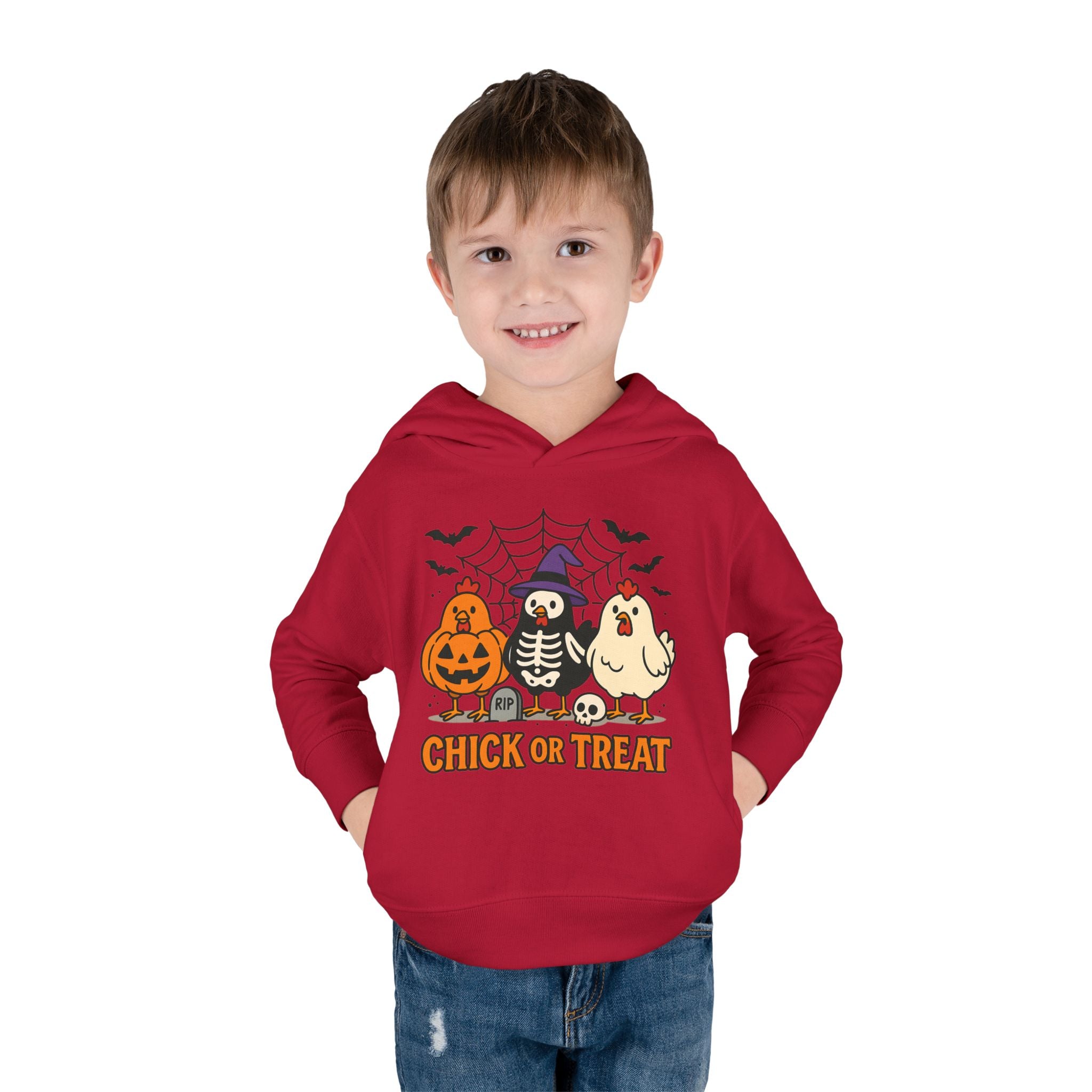 Toddler Halloween Pullover Hoodie – "Chick or Treat" Pumpkin Skeleton Chicken Kids Fleece