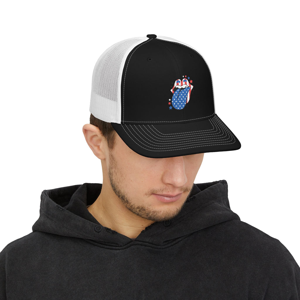 Patriotic Tongue Trucker Cap — American Flag Mouth Snapback