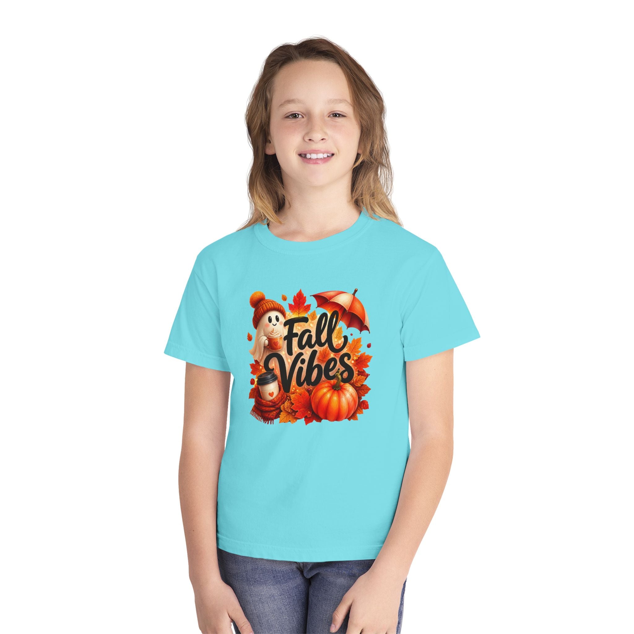 Fall Vibes Youth Tee — Cute Pumpkin, Leaves & Scarecrow Autumn Shirt
