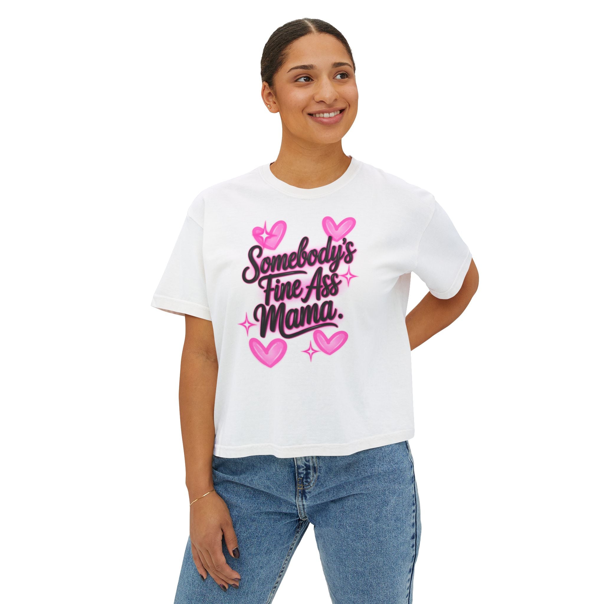 Somebody's Fine Ass Mama Boxy Tee — Cute Pink Heart Mom Graphic Shirt
