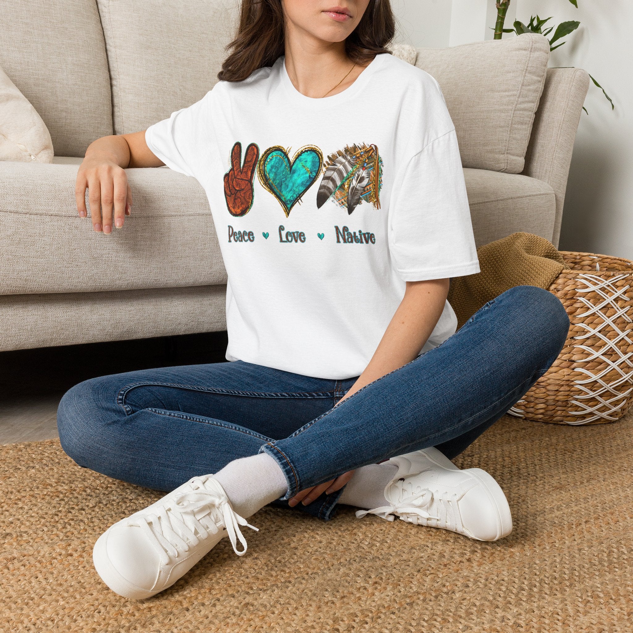 Peace Love Native T-Shirt — Boho Tribal Teal Heart Graphic Tee