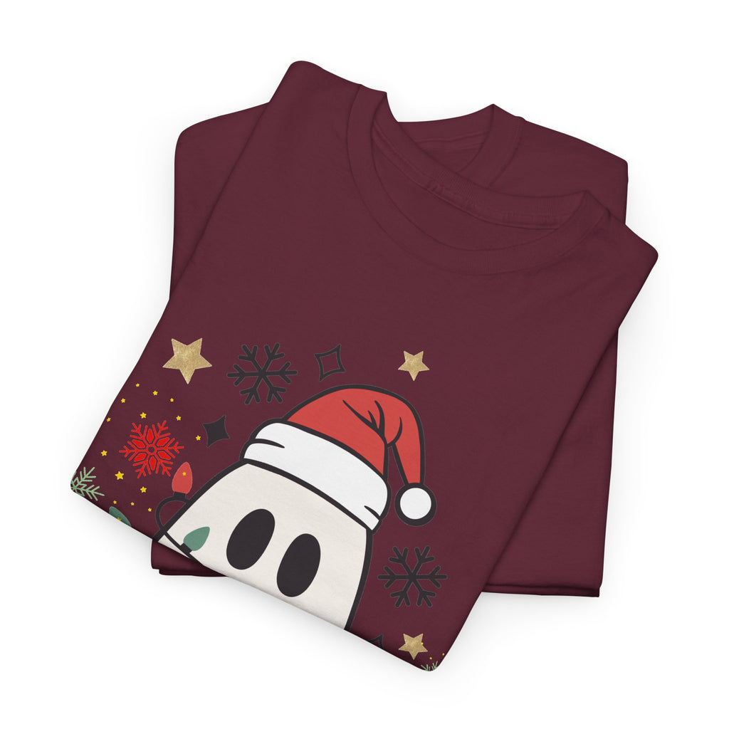 Christmas Ghost T-Shirt — Cute Haunted Holiday Tee with Santa Hat & Lights