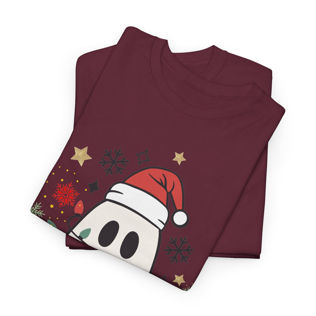Christmas Ghost T-Shirt — Cute Haunted Holiday Tee with Santa Hat & Lights