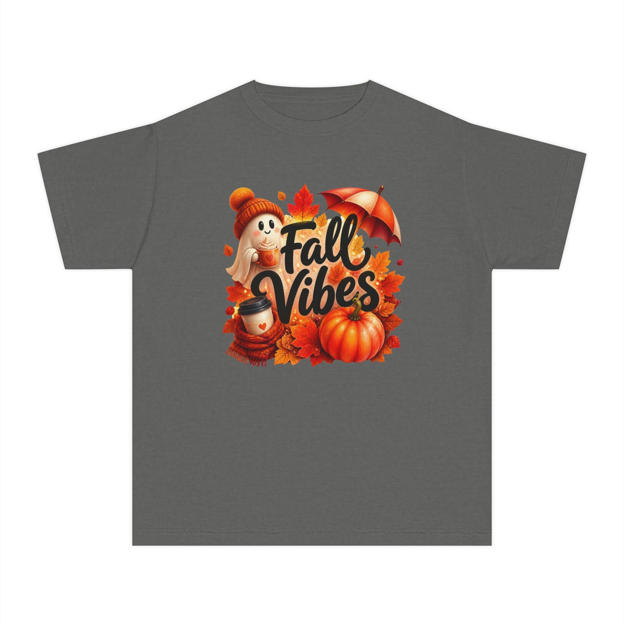Fall Vibes Youth Tee — Cute Pumpkin, Leaves & Scarecrow Autumn Shirt