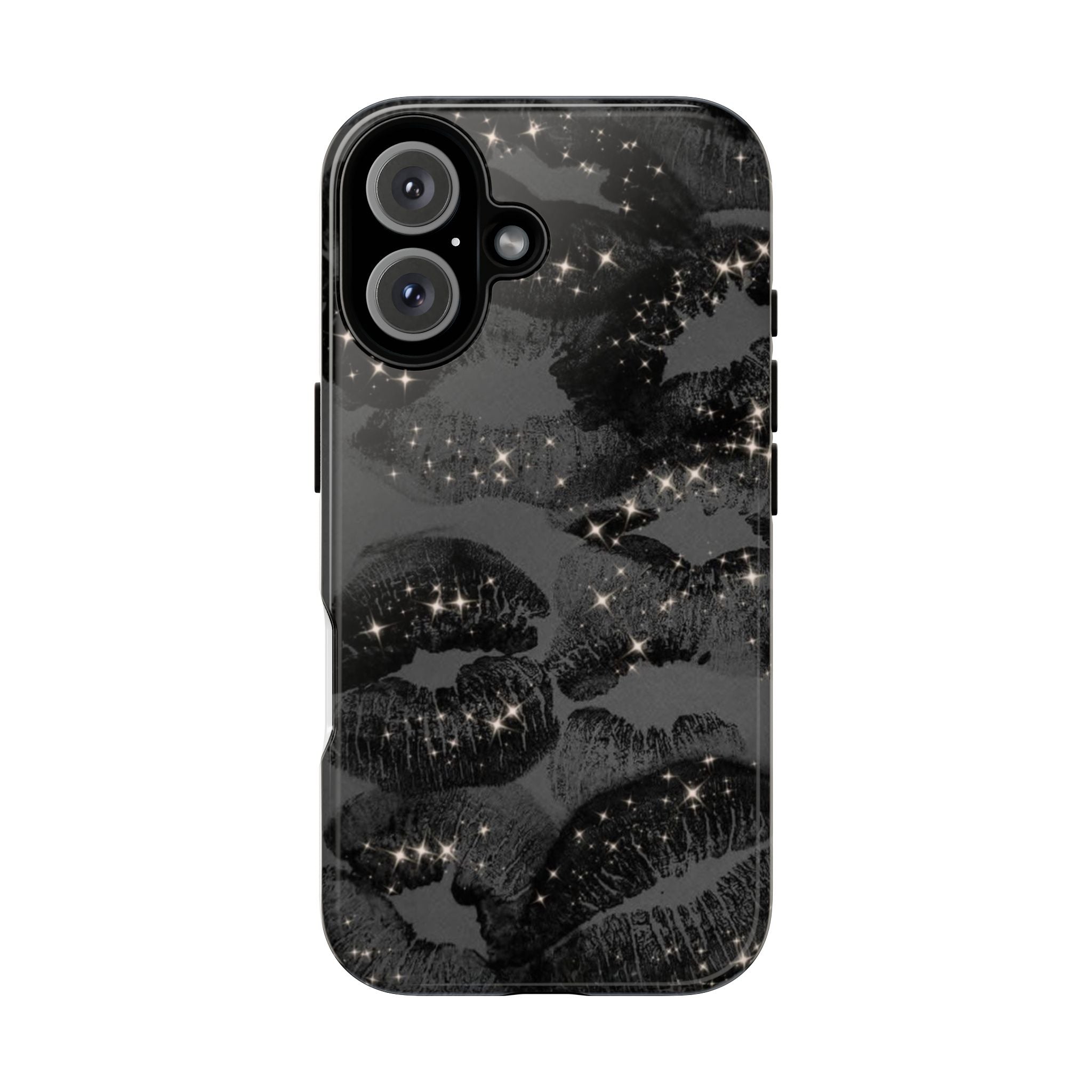 Black Glitter Kiss Phone Case — Sparkling Lip Print Protective Cover