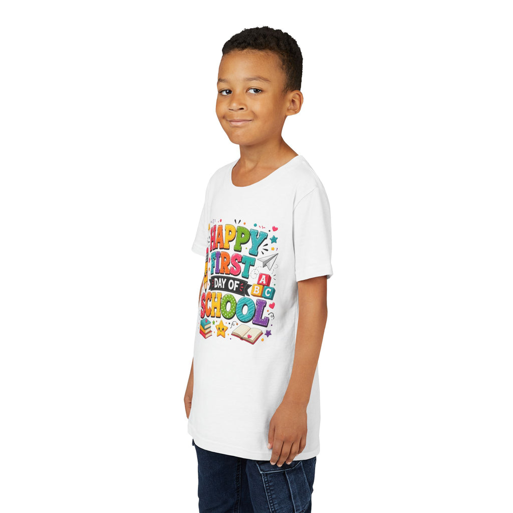 Youth Tee — "Happy First Day of School" Back-to-School Graphic Shirt