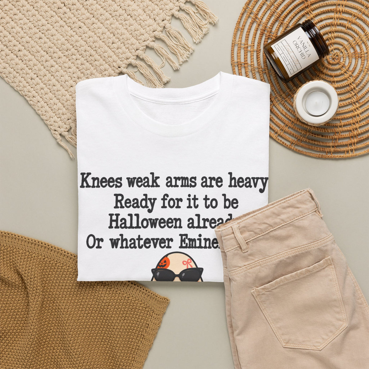 Funny Halloween Ghost T-Shirt — "Knees weak arms are heavy. Ready for it to be Halloween already. Or whatever Slim said."