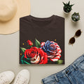 Patriotic Rose Skull T-Shirt — American Flag Blue & Red Floral Tee