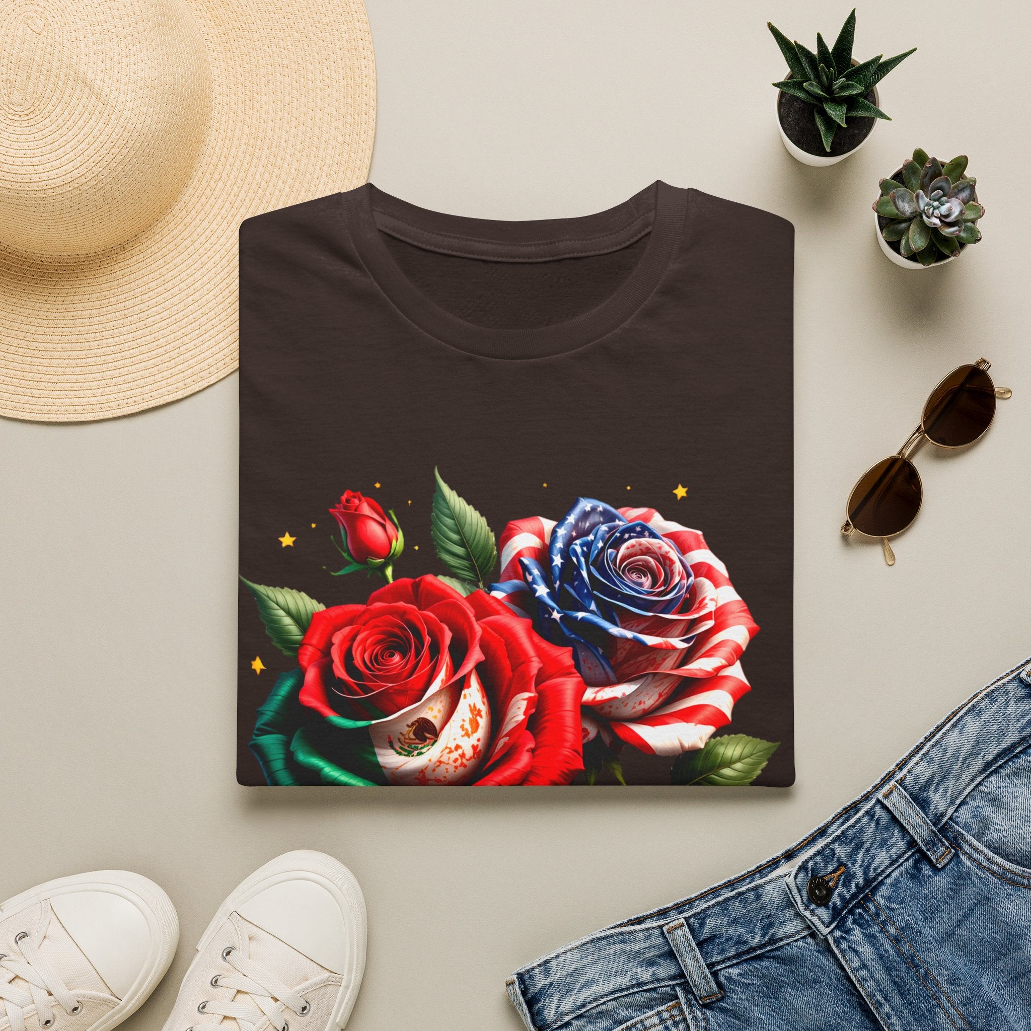 Patriotic Rose Skull T-Shirt — American Flag Blue & Red Floral Tee