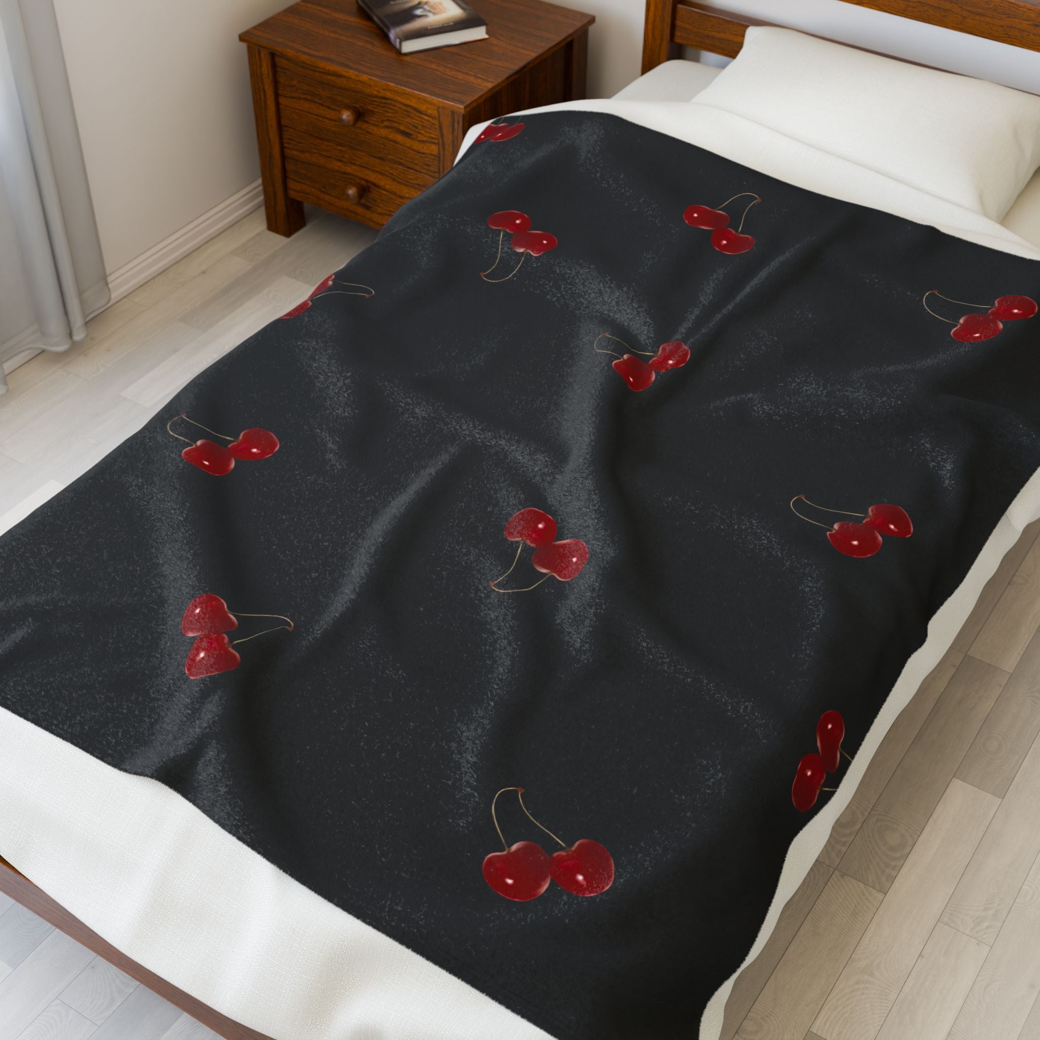 Red Cherry Pattern Velveteen Plush Blanket | Black Background, Cute Fruit Print