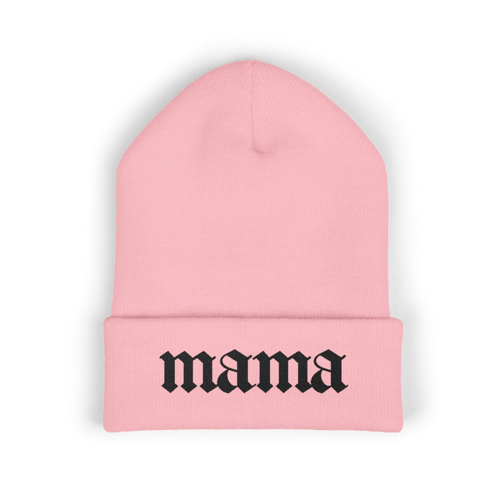 Mama Embroidered Cuffed Beanie — Gothic Script Knit Hat for Moms