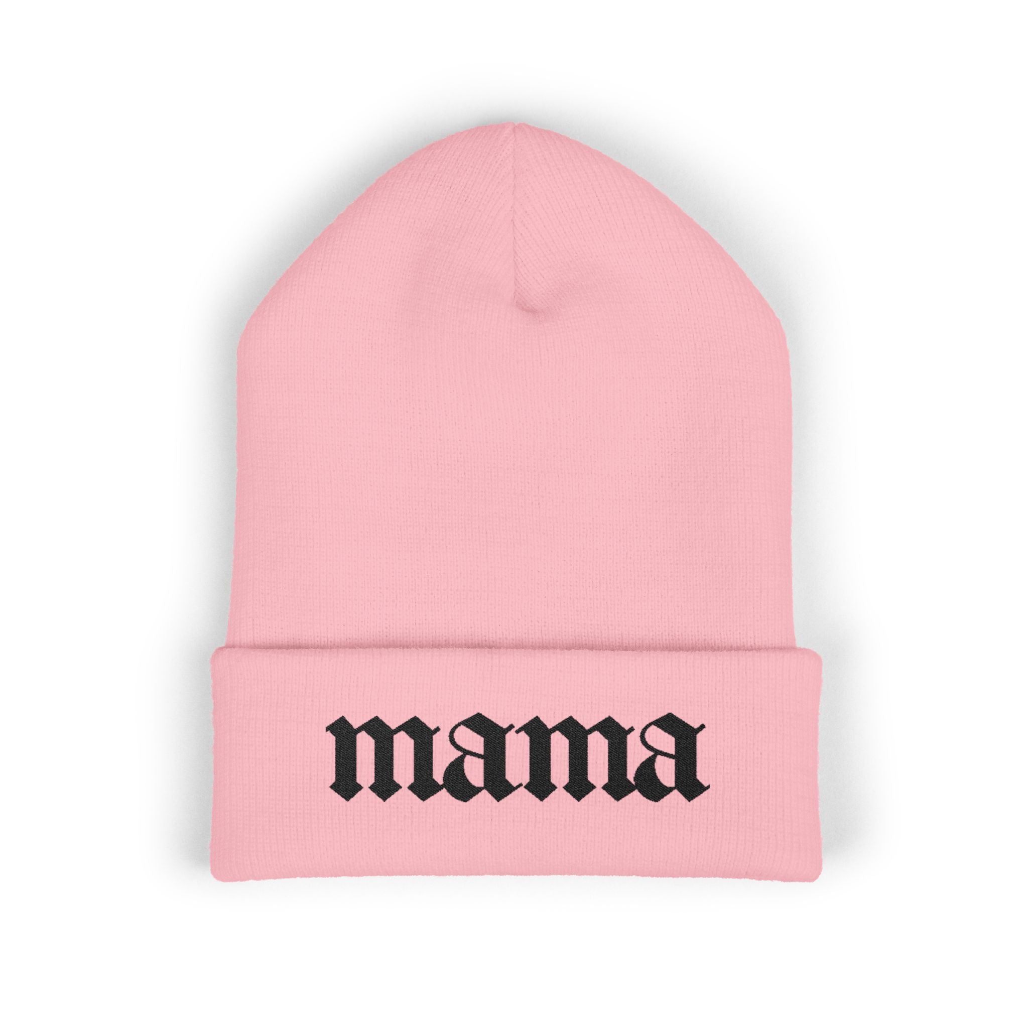 Mama Embroidered Cuffed Beanie — Gothic Script Knit Hat for Moms