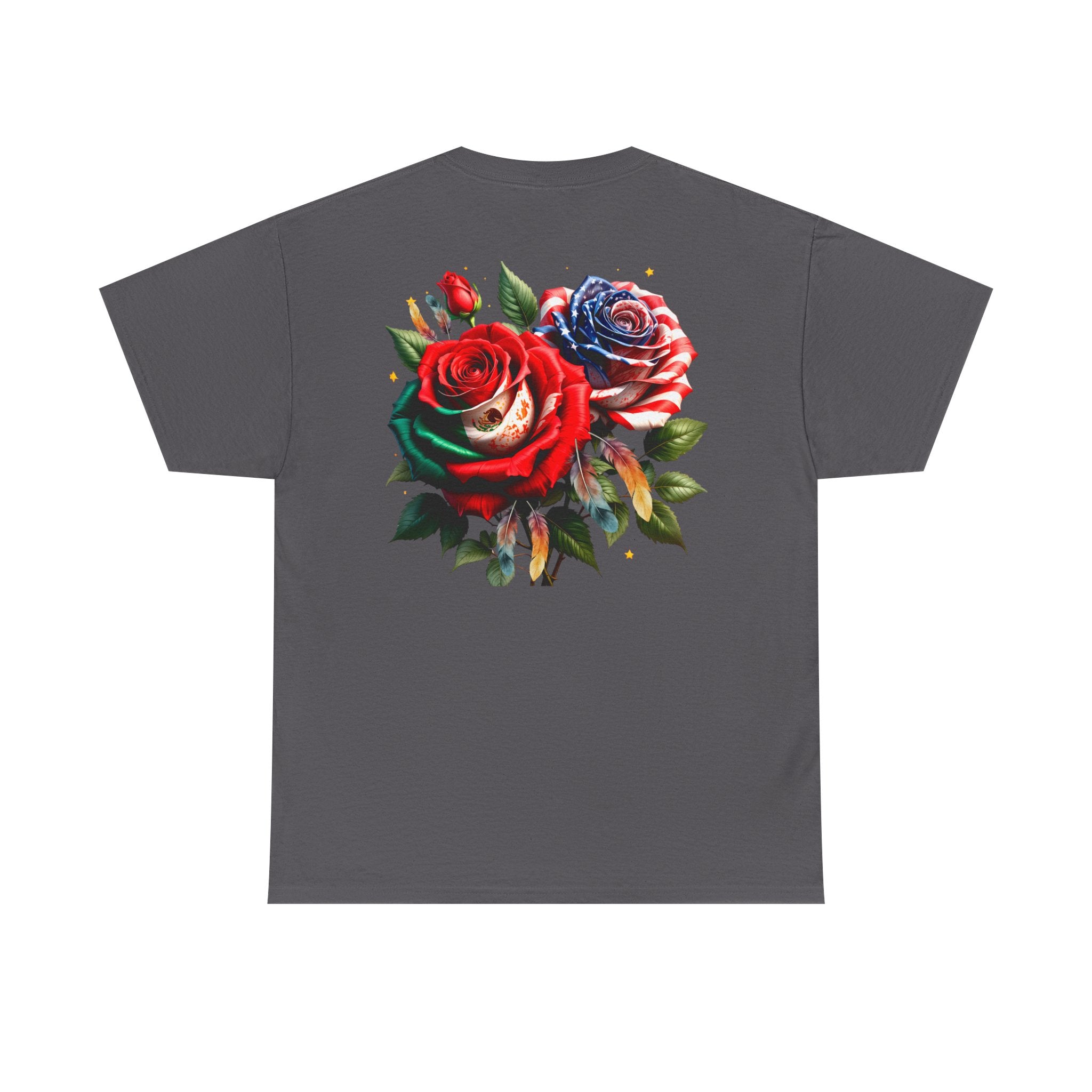 American & Italian Flag Tee with Vintage Rose Back — Patriotic Floral T-Shirt