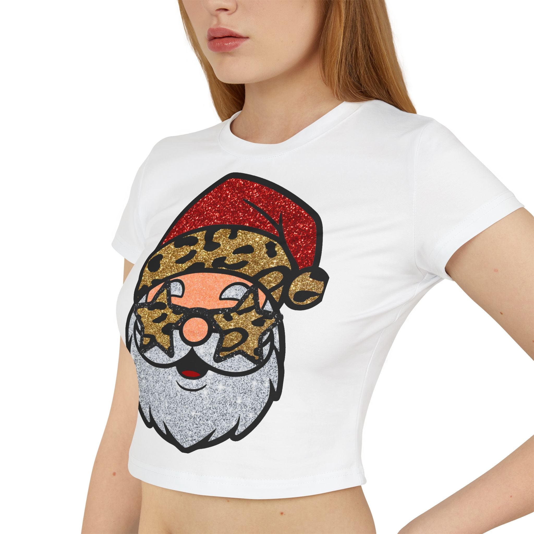 Leopard Santa Baby Tee — Cute Sparkle Christmas Shirt for Women