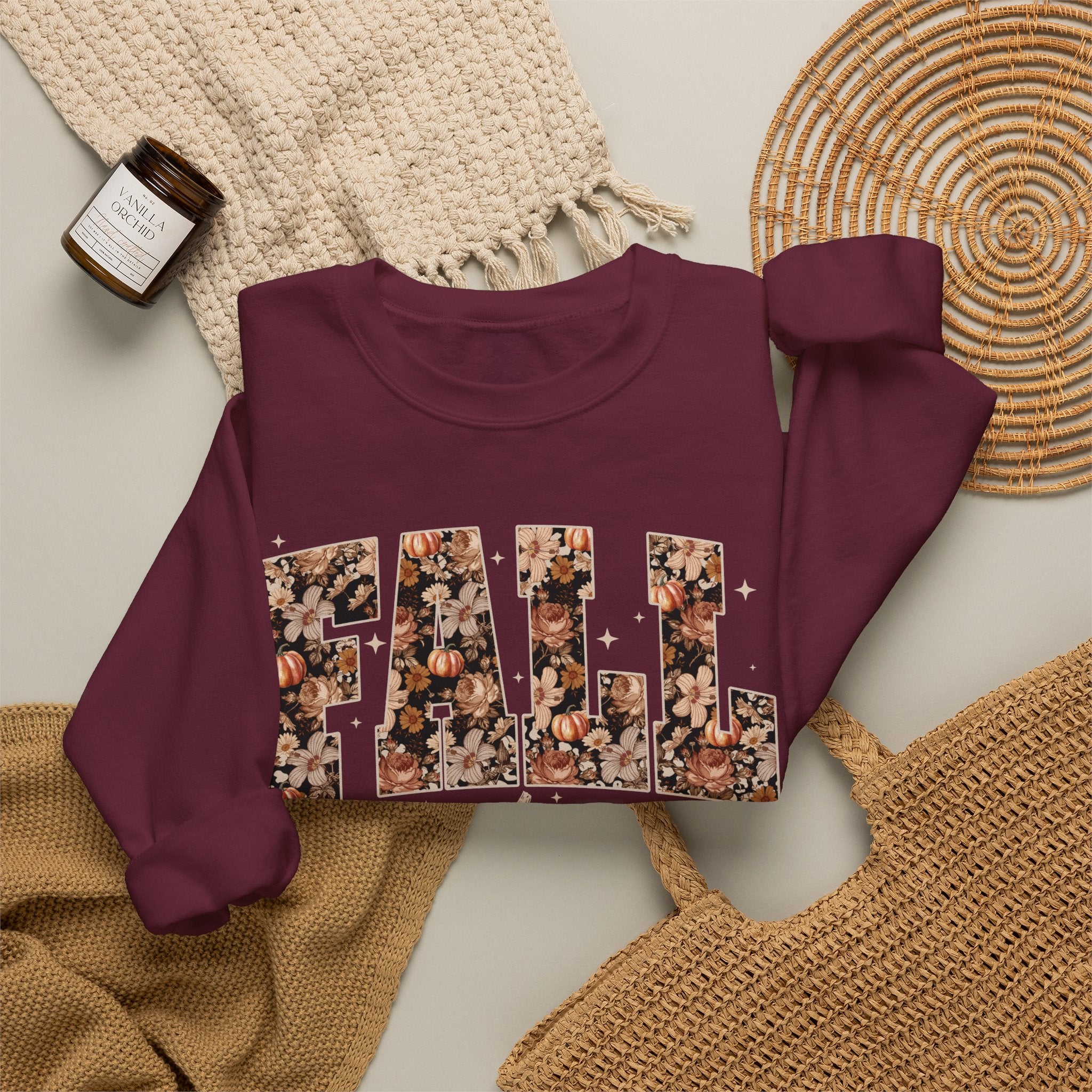Fall Vibes Crewneck Sweatshirt — Floral Lettering Autumn Pullover