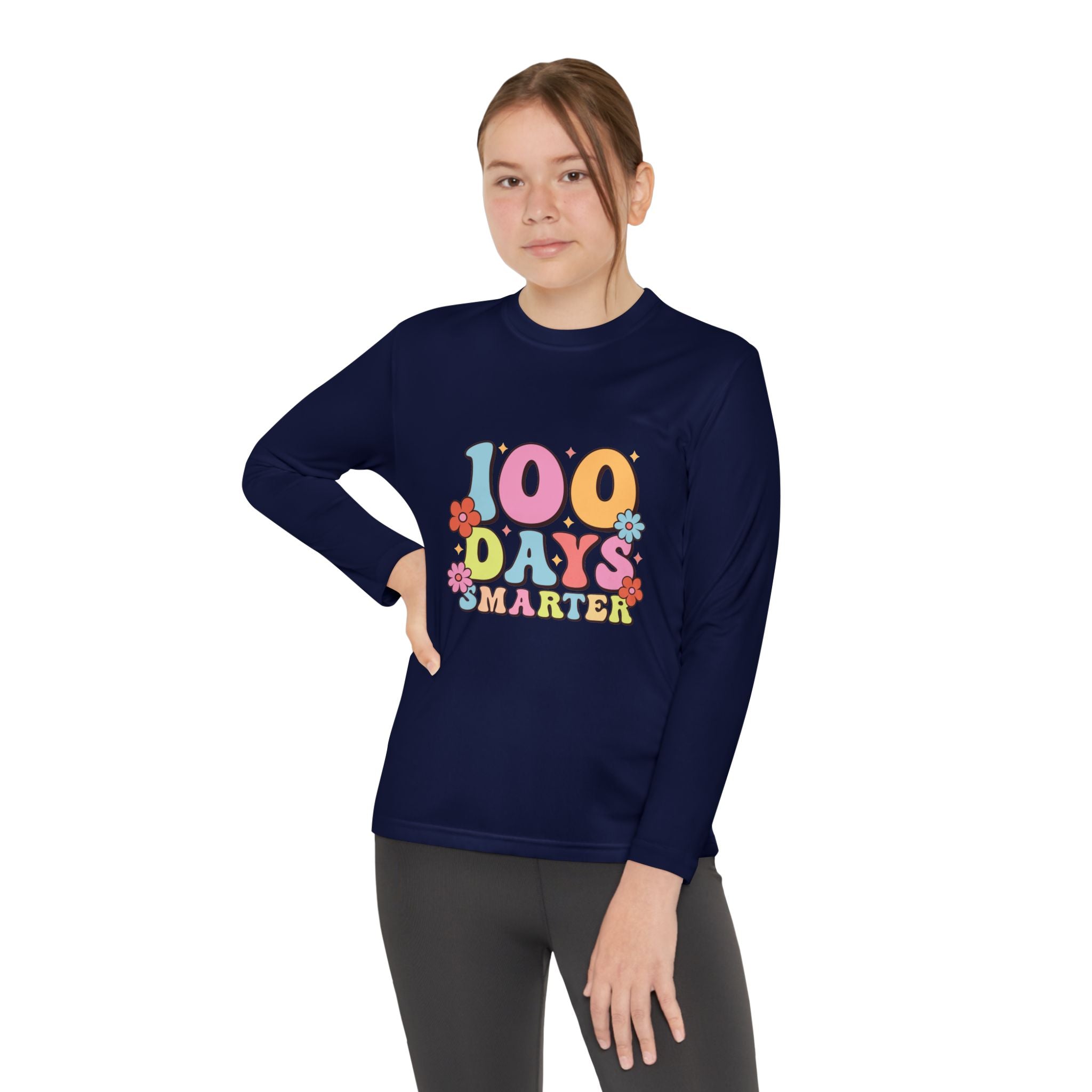 100 Days Smarter Youth Long Sleeve Tee — Retro Floral School Celebration Shirt