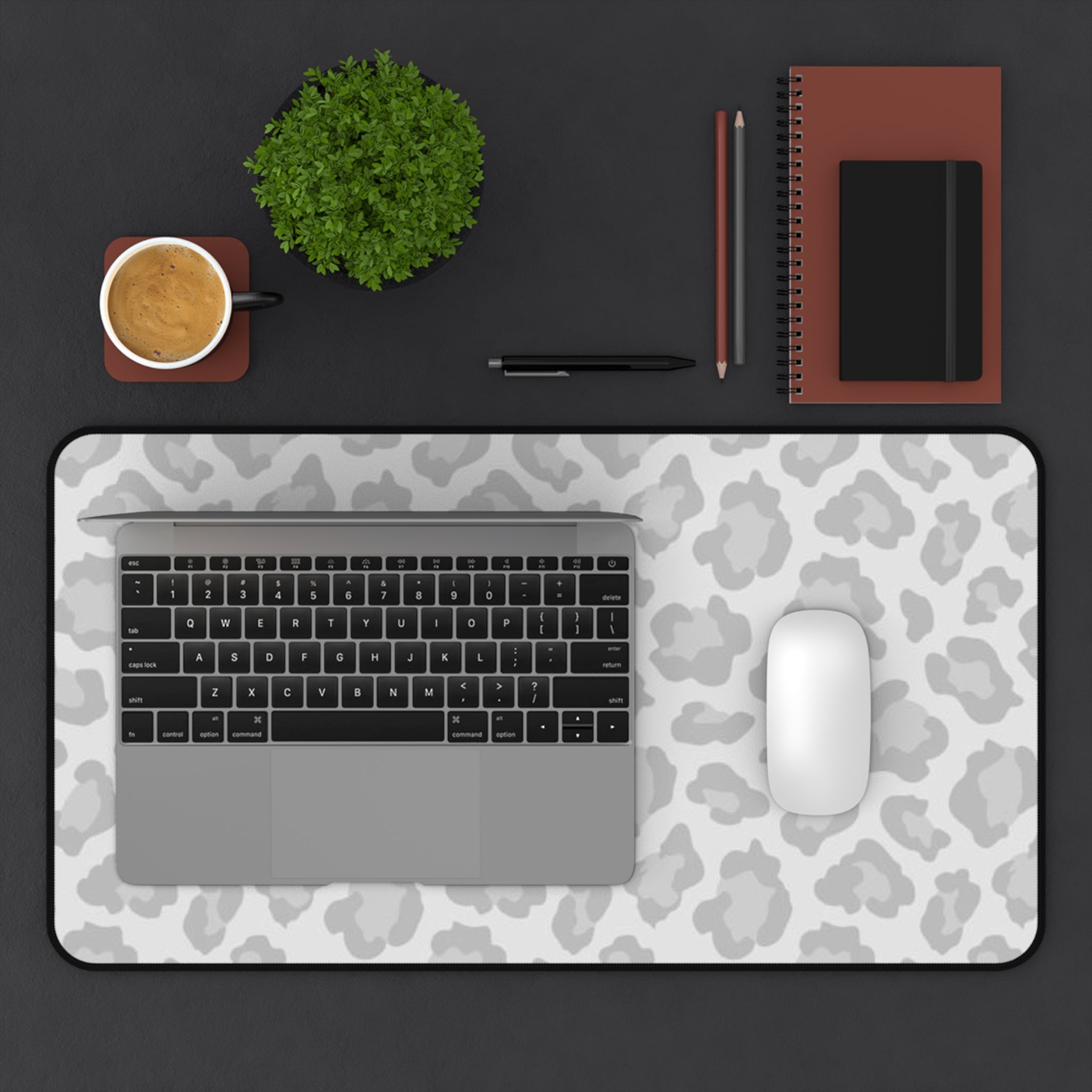 Grey Leopard Print Desk Mat — Neutral Animal Pattern Mouse Pad for Home Office