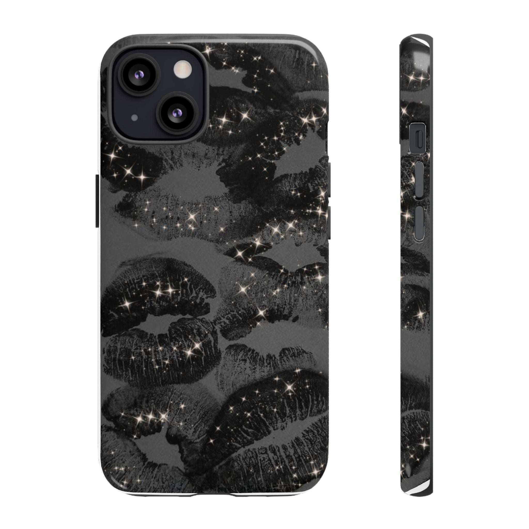 Black Glitter Kiss Phone Case — Sparkling Lip Print Protective Cover