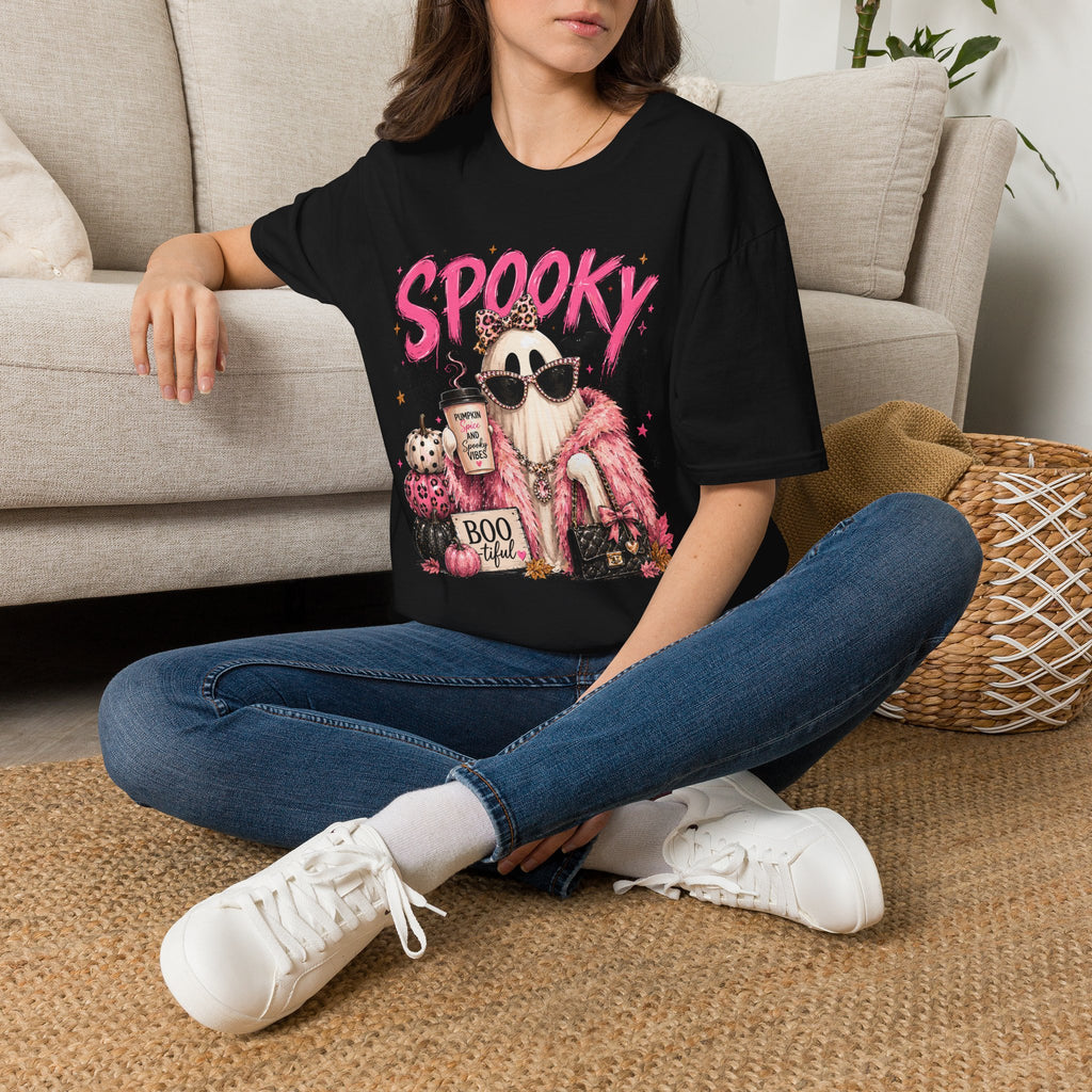 Spooky Glam T-Shirt — Cute Pink Ghost with Sunglasses & Pumpkin Latte