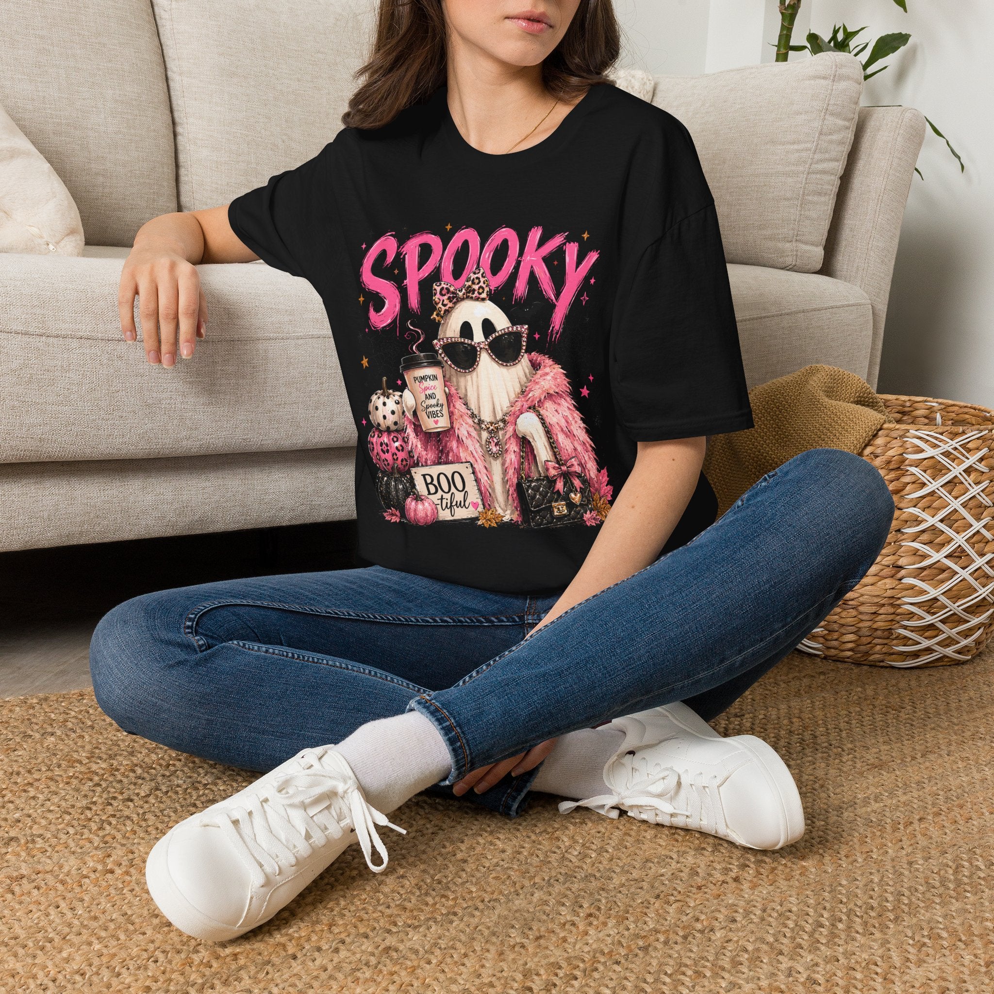 Spooky Glam T-Shirt — Cute Pink Ghost with Sunglasses & Pumpkin Latte