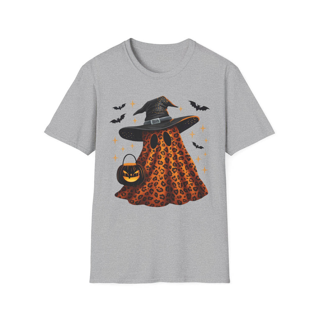 Halloween Leopard Ghost T-Shirt — Witch Hat & Bats Graphic