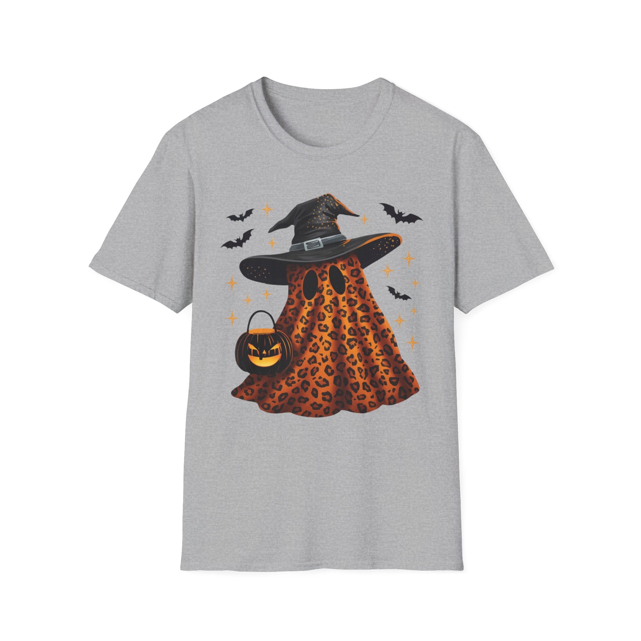 Halloween Leopard Ghost T-Shirt — Witch Hat & Bats Graphic