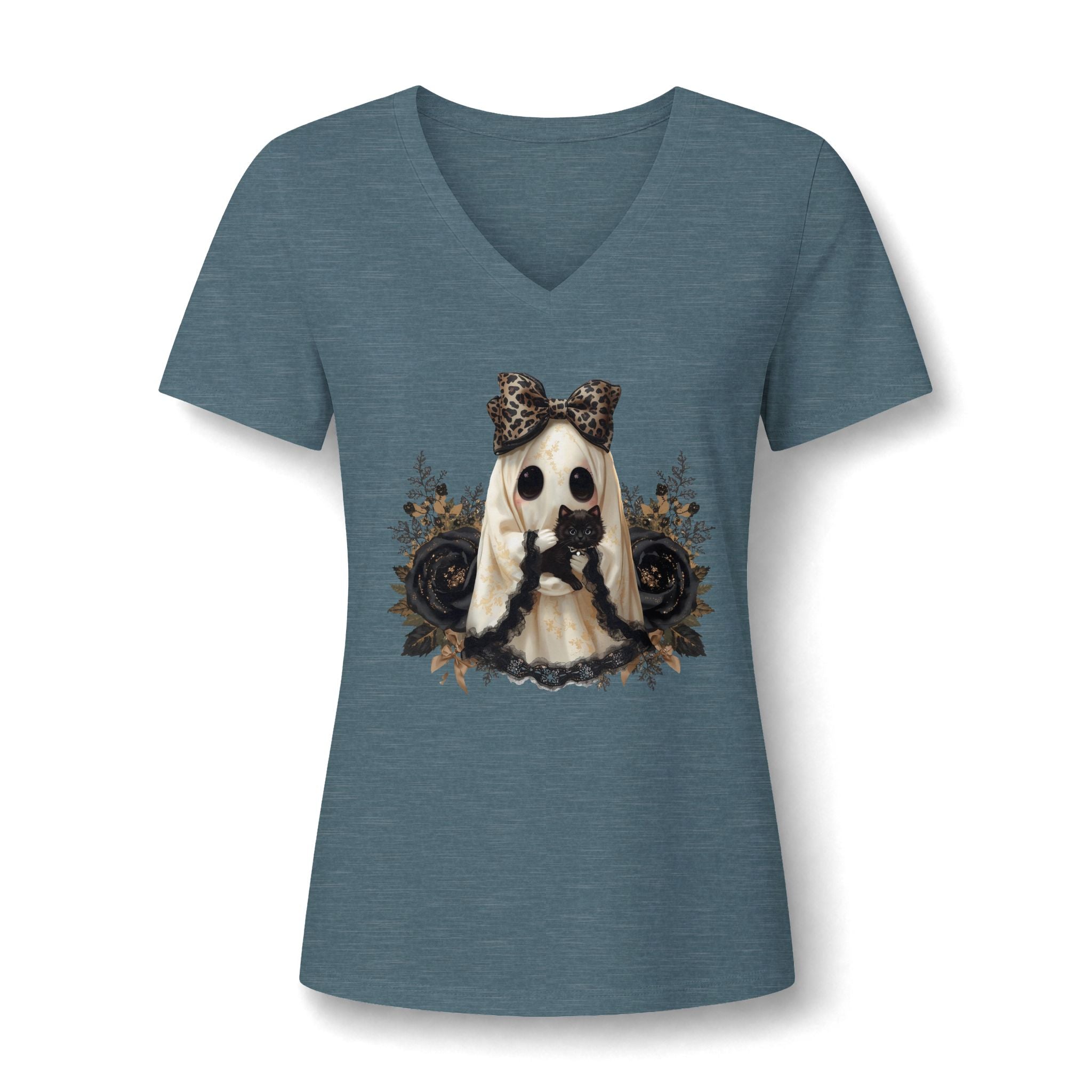 Women's V-Neck Tee — Gothic Doll with Leopard Bow Graphic