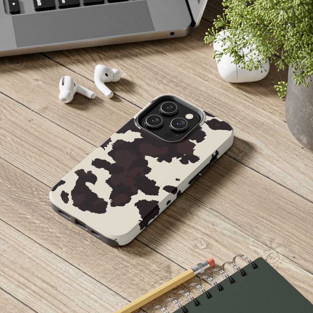 Cow Print Tough Phone Case — Brown Cream Protective Phone Cover