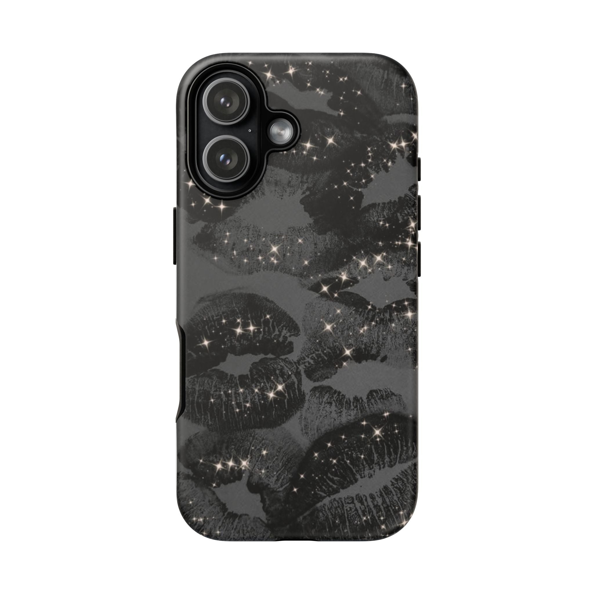 Black Glitter Kiss Phone Case — Sparkling Lip Print Protective Cover