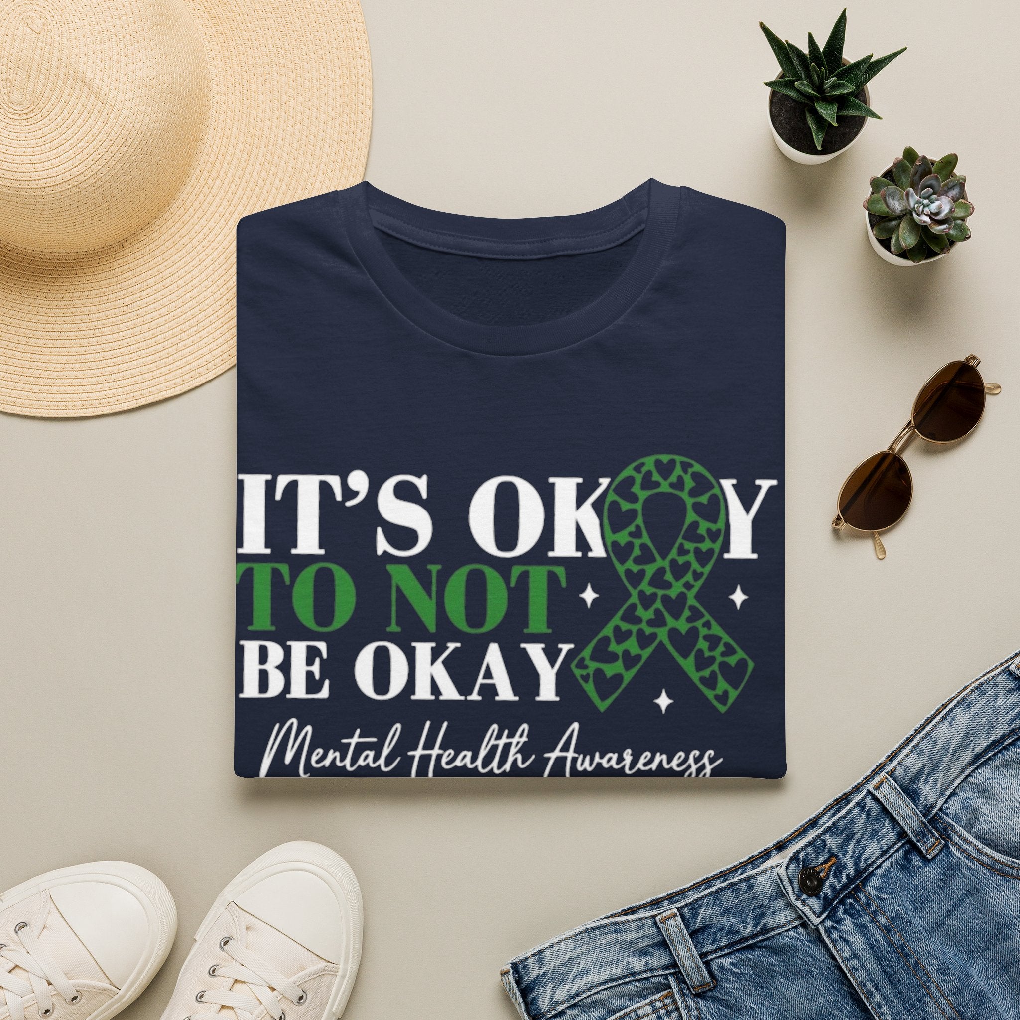 Mental Health Awareness T-Shirt — "It's Okay to Not Be Okay" with Green Ribbon
