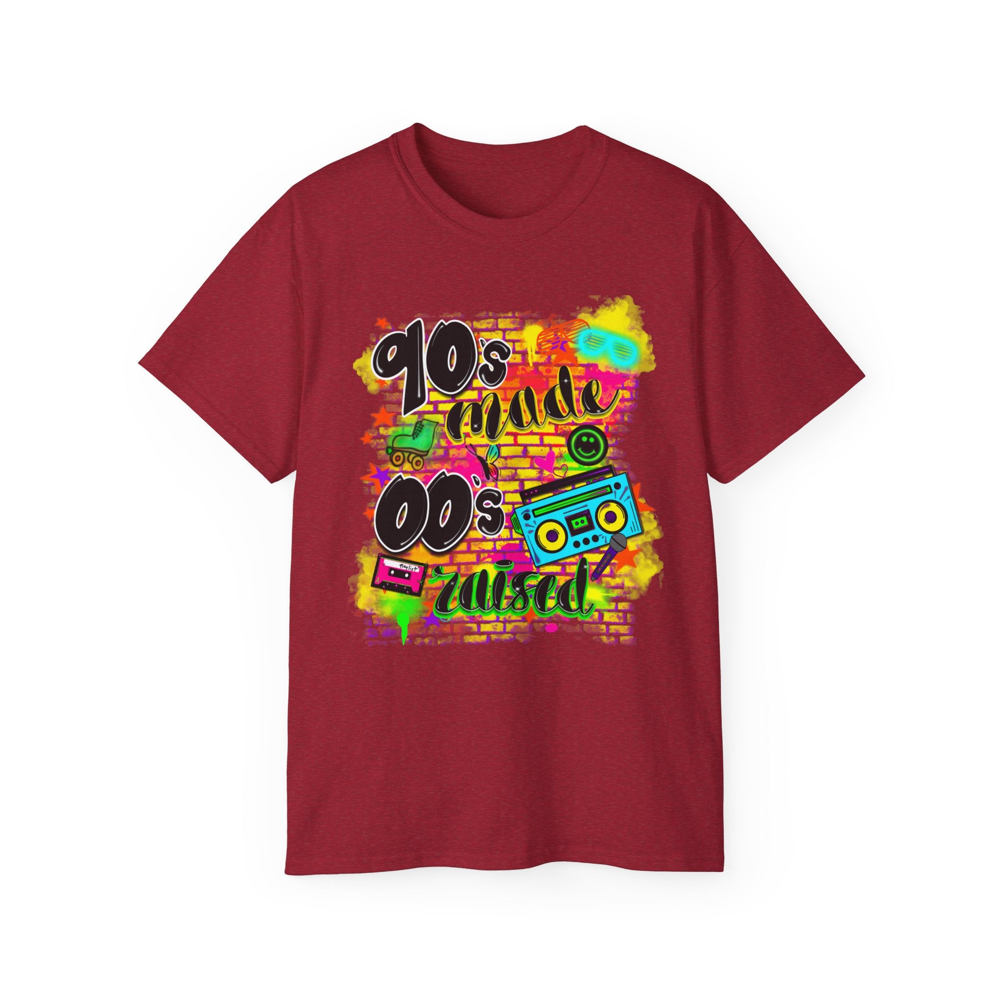 90s Made 00s Raised T-Shirt — Neon Retro Boombox Graphic Tee
