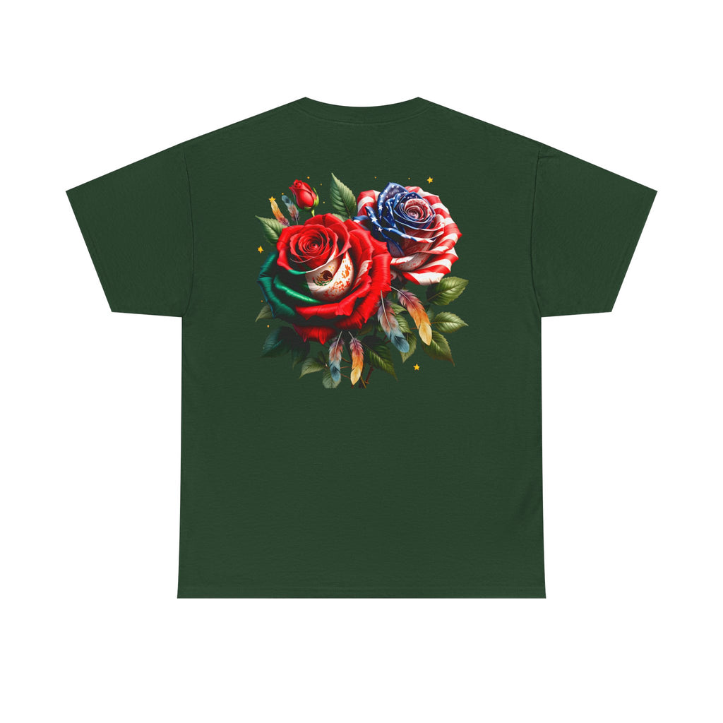 American & Italian Flag Tee with Vintage Rose Back — Patriotic Floral T-Shirt