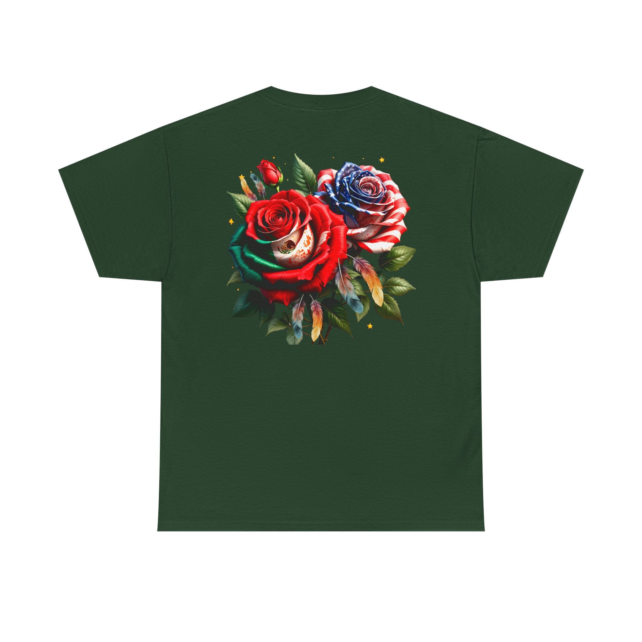American & Italian Flag Tee with Vintage Rose Back — Patriotic Floral T-Shirt
