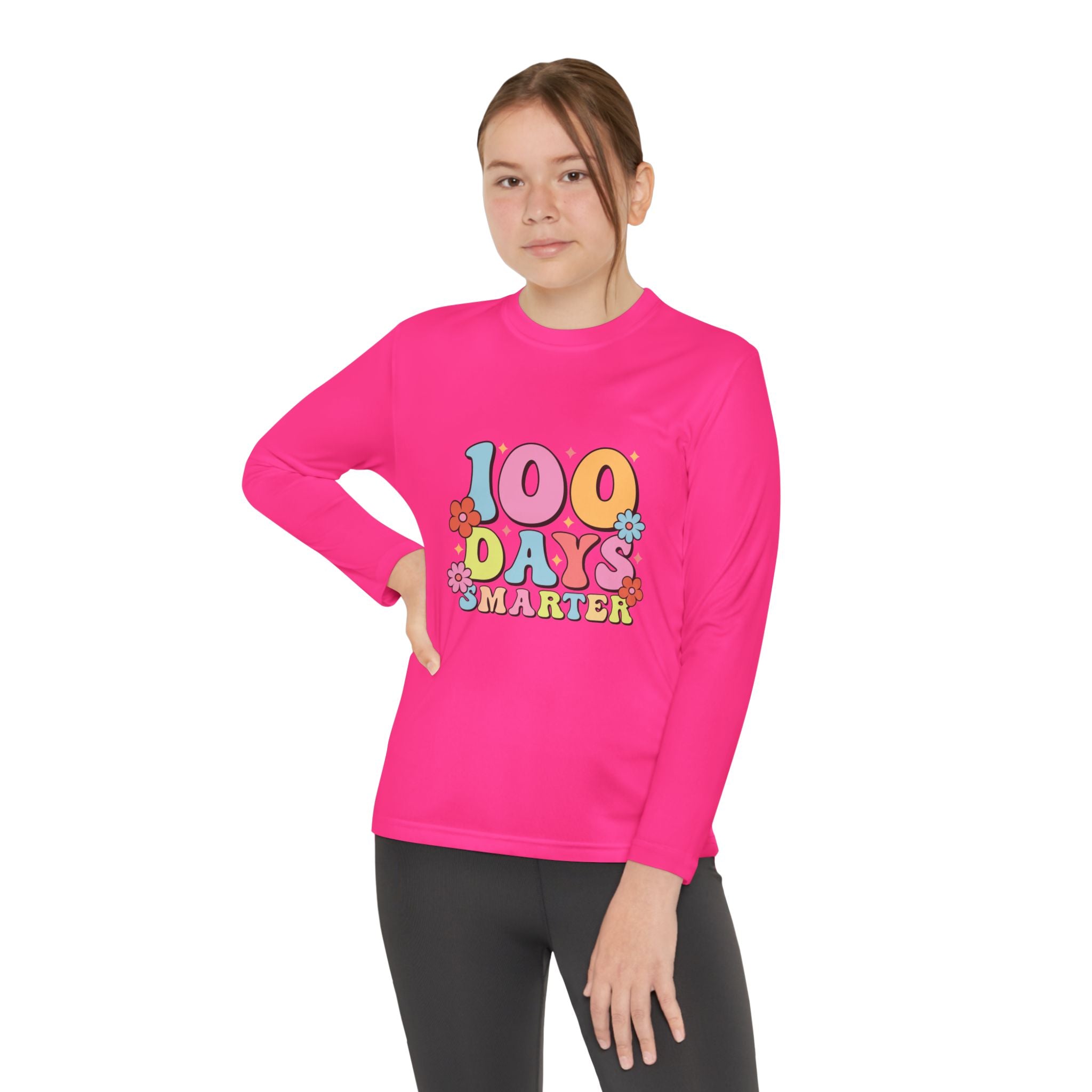 100 Days Smarter Youth Long Sleeve Tee — Retro Floral School Celebration Shirt