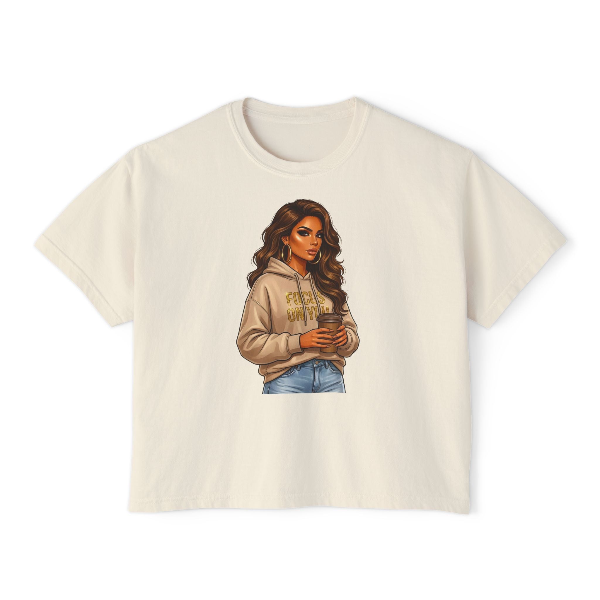 Women's Boxy Tee — Cozy Coffee Girl Graphic Crop T-Shirt