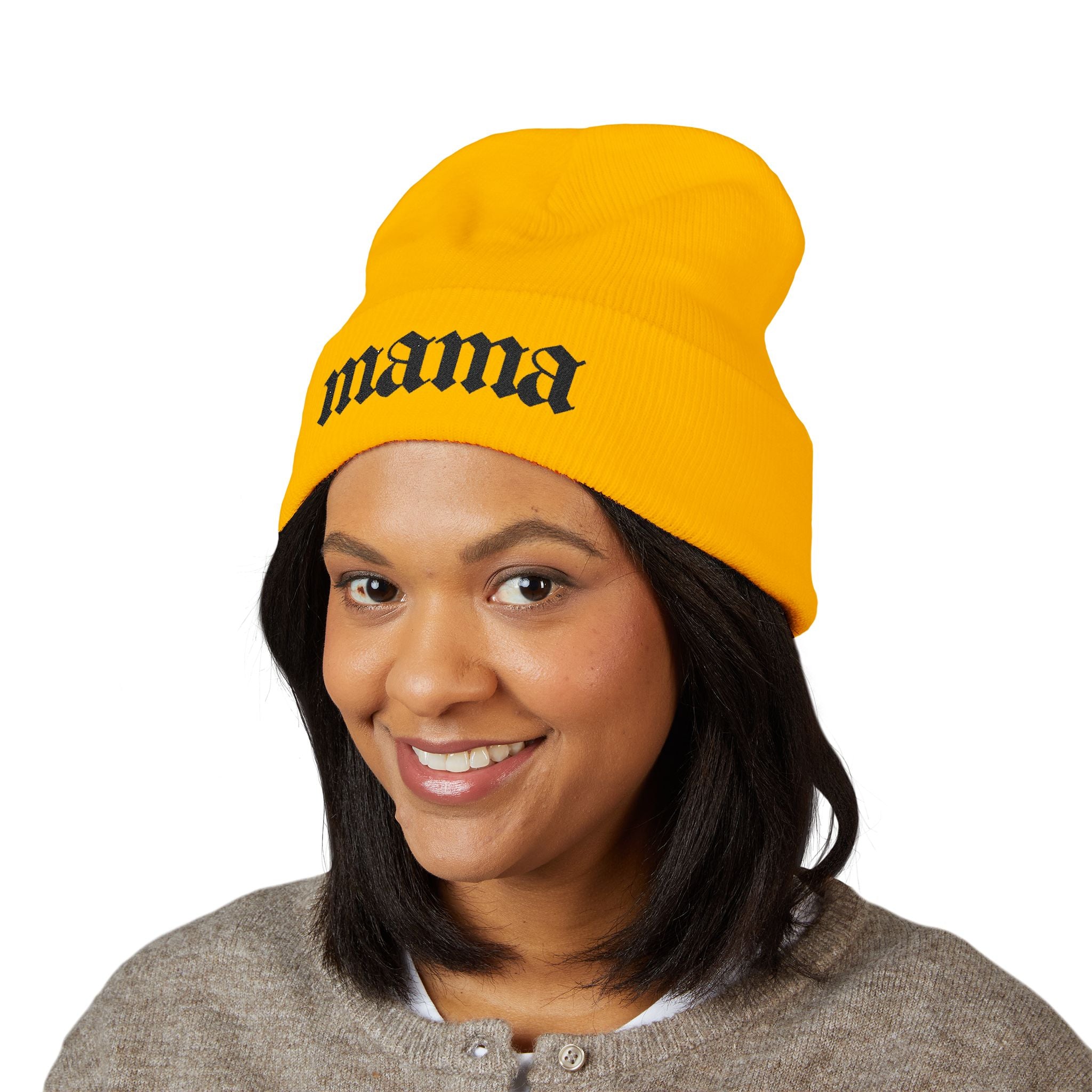 Mama Embroidered Cuffed Beanie — Gothic Script Knit Hat for Moms