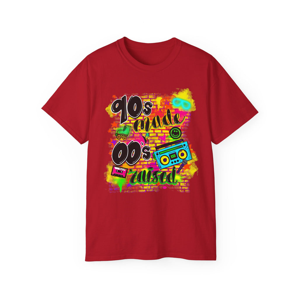 90s Made 00s Raised T-Shirt — Neon Retro Boombox Graphic Tee