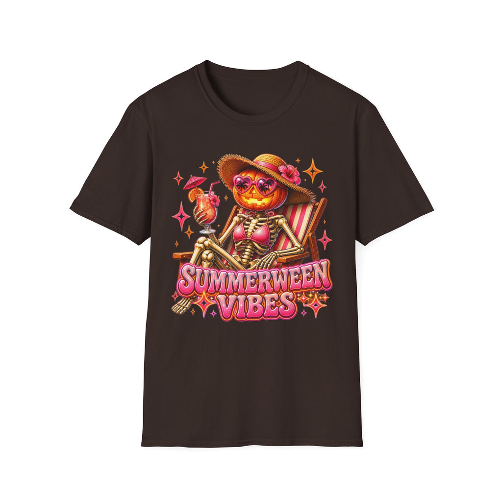 Summerween Vibes T-Shirt — Pumpkin Skeleton Beach Tee