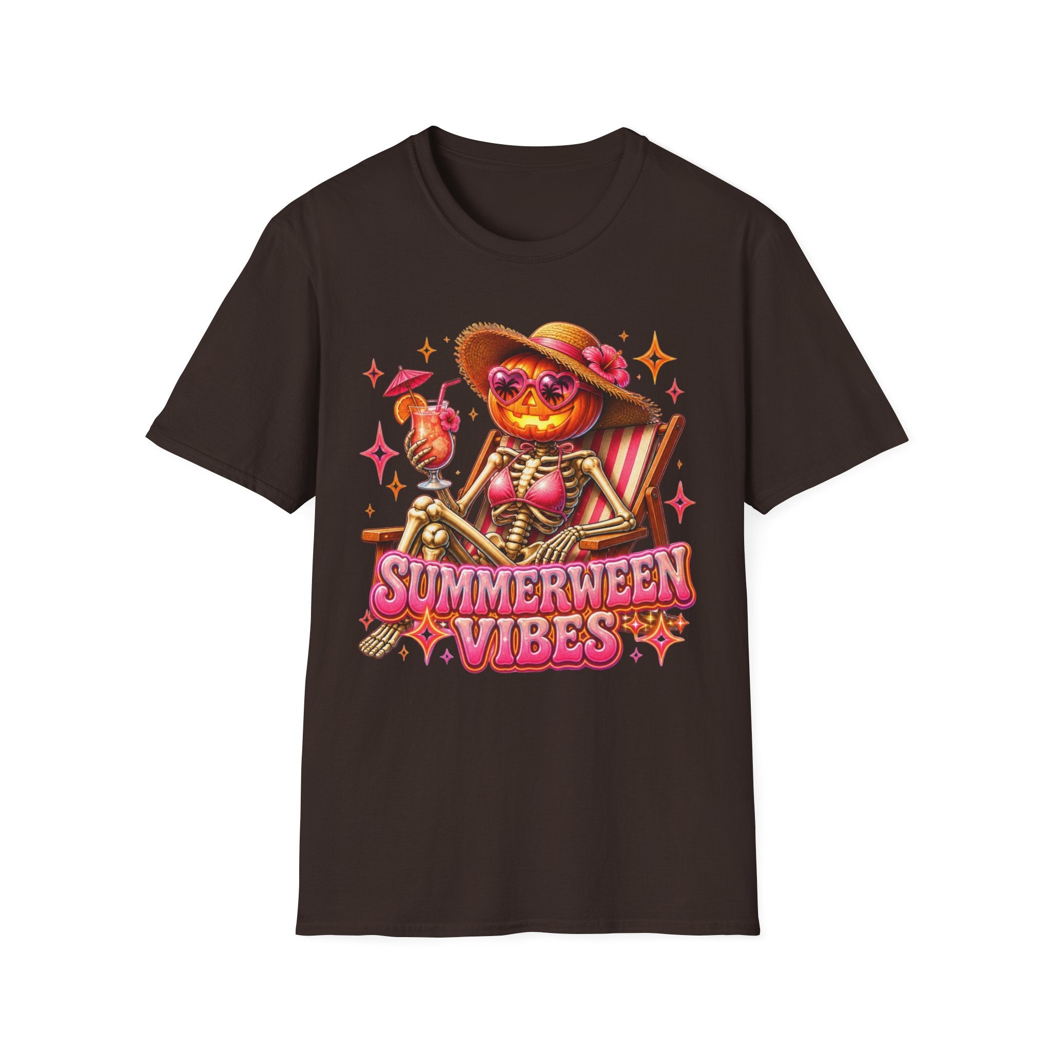 Summerween Vibes T-Shirt — Pumpkin Skeleton Beach Tee