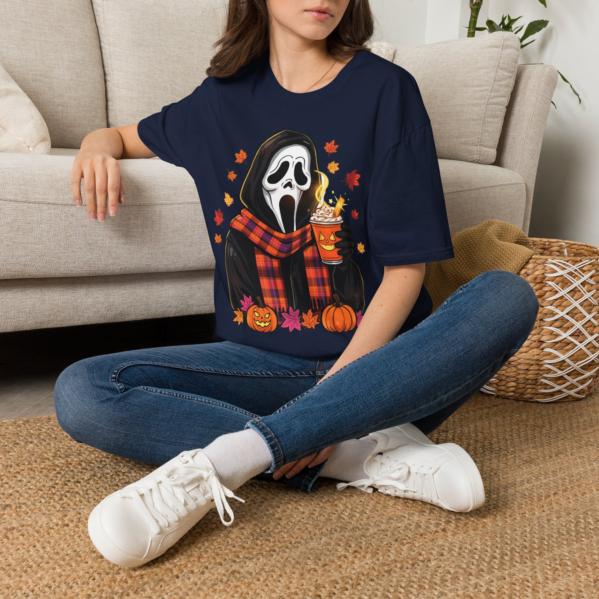 Halloween Scream Mask T‑Shirt — Cozy Fall Pumpkin & Hot Cocoa Graphic Tee