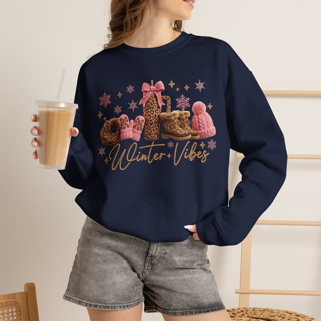 Crewneck Sweatshirt — 'Winter Vibes' Cozy Leopard Print Holiday Design