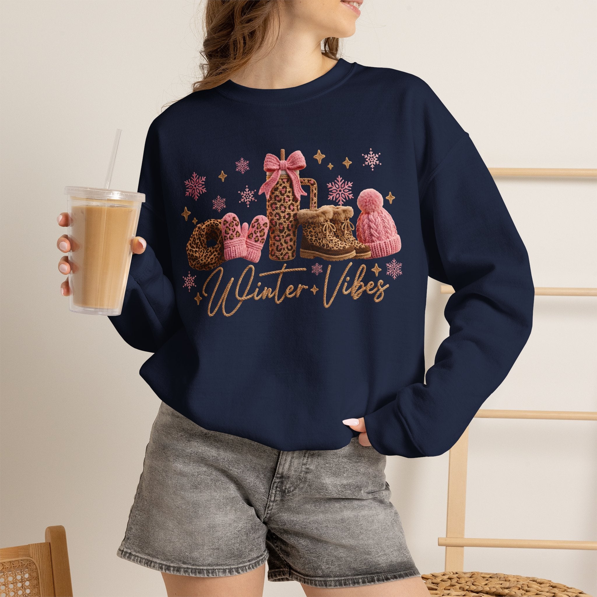Crewneck Sweatshirt — 'Winter Vibes' Cozy Leopard Print Holiday Design