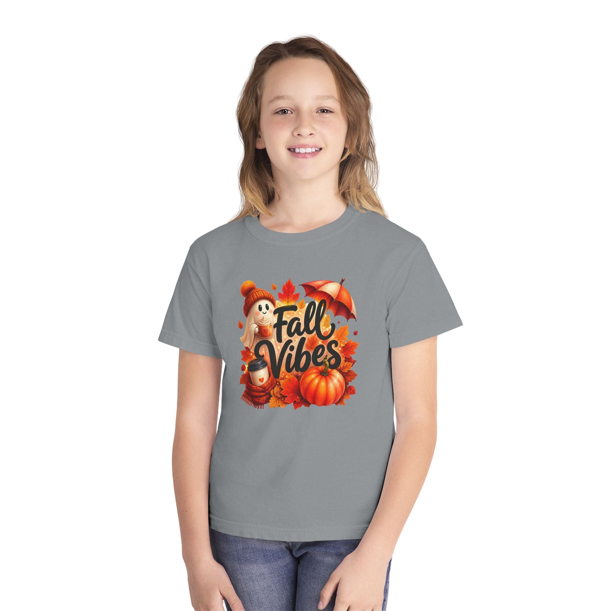 Fall Vibes Youth Tee — Cute Pumpkin, Leaves & Scarecrow Autumn Shirt