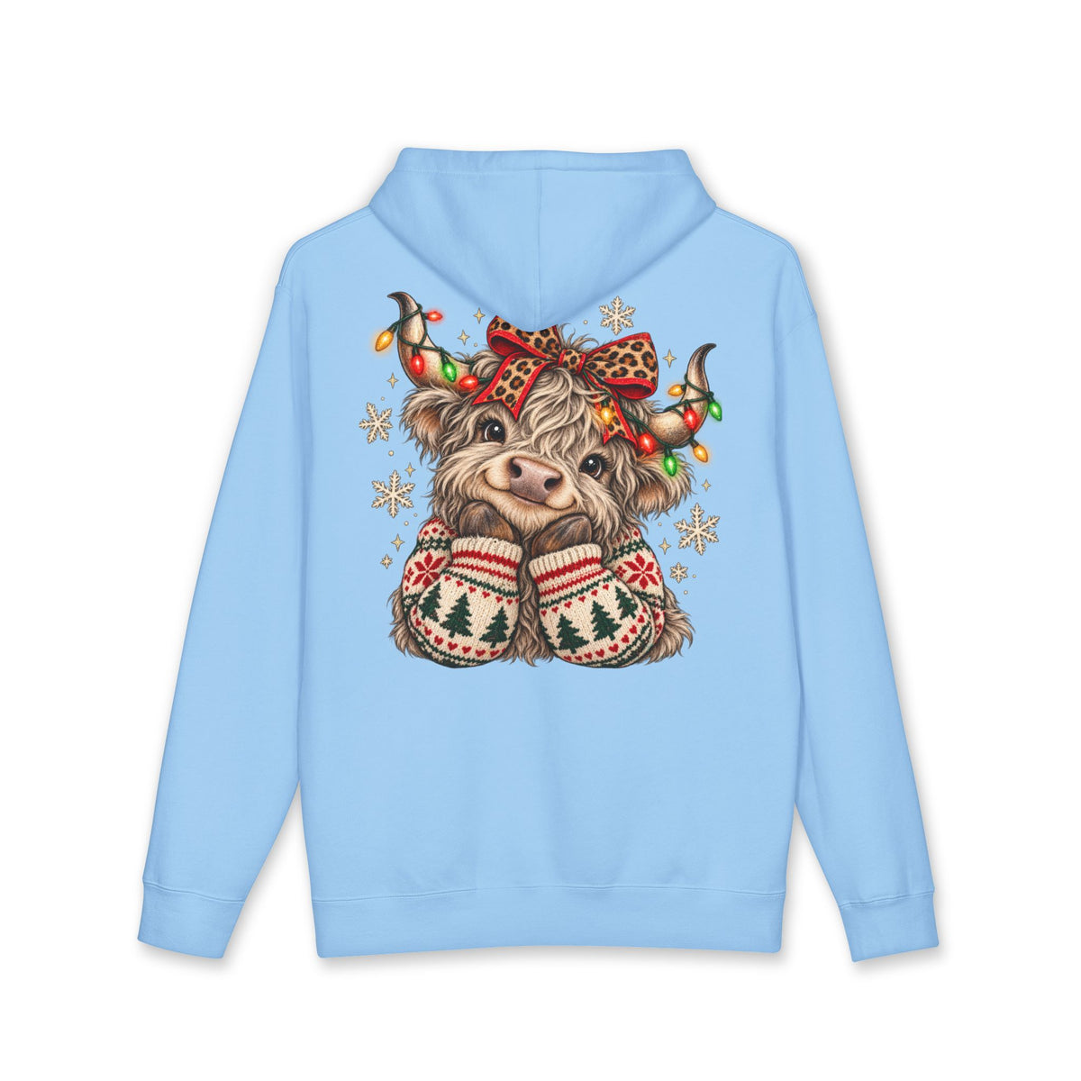 Christmas Cow Hoodie – Cute Highland Cow with Festive Lights & 'Merry Dolly Christmas' Design