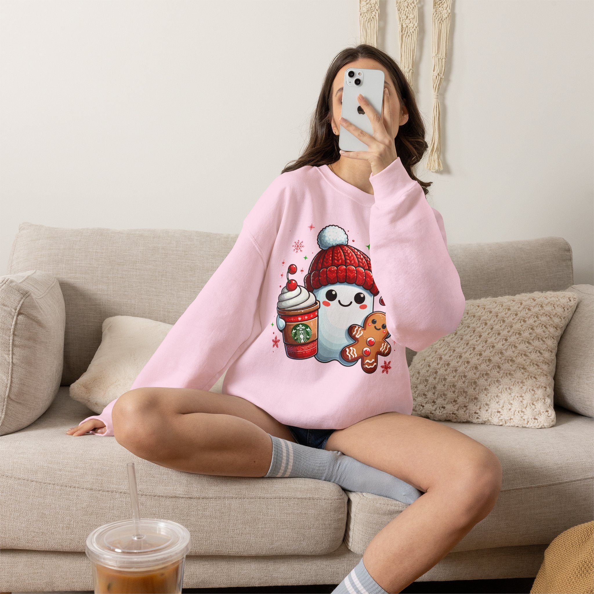 Holiday Marshmallow Character Sweatshirt — Cute Snowman with Gingerbread & Hot Cocoa