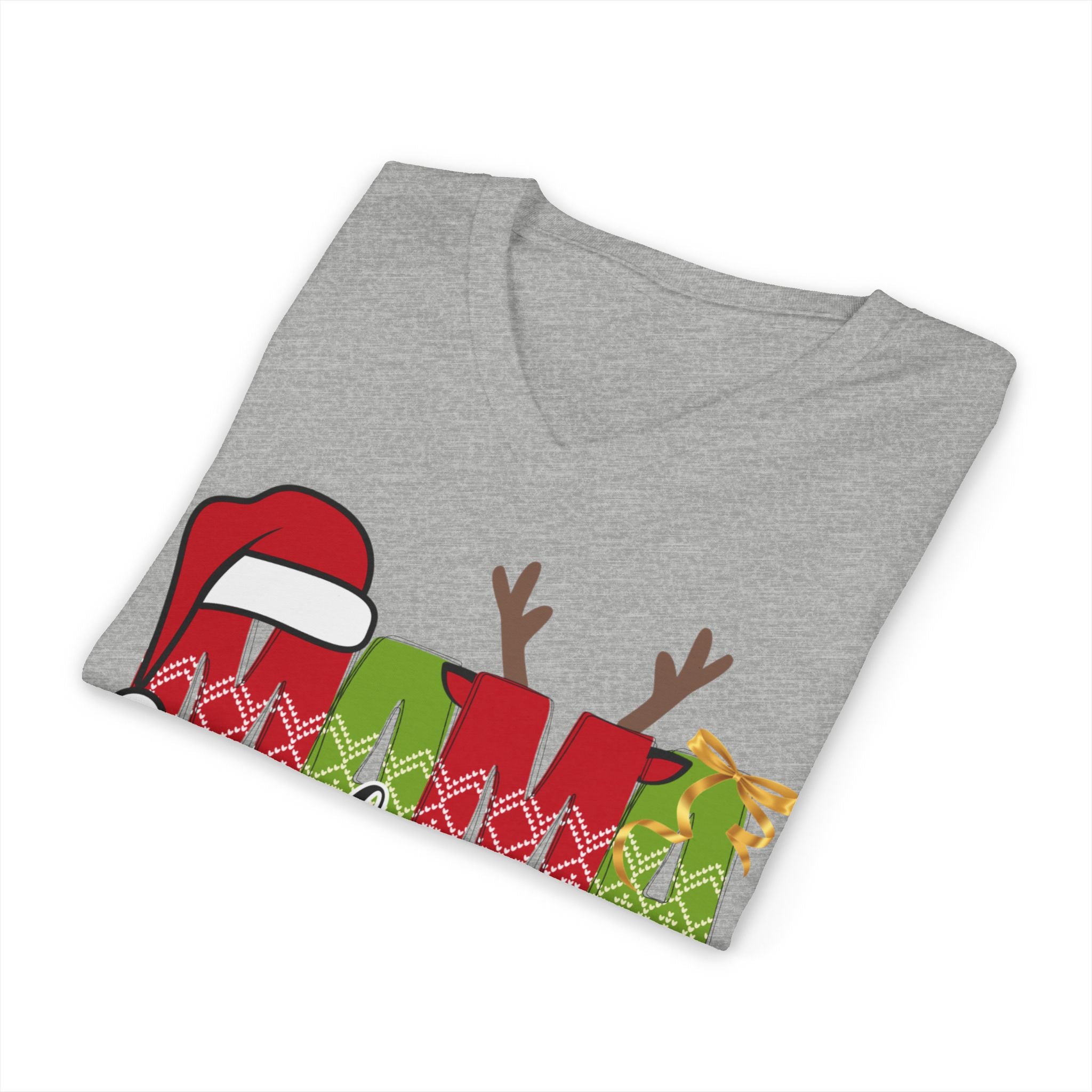 Mom Claus V-Neck Tee — Christmas Holiday Family Graphic Shirt