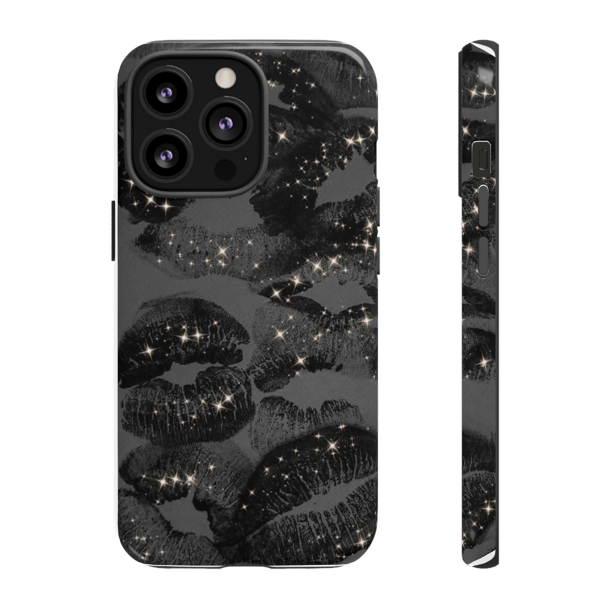 Black Glitter Kiss Phone Case — Sparkling Lip Print Protective Cover