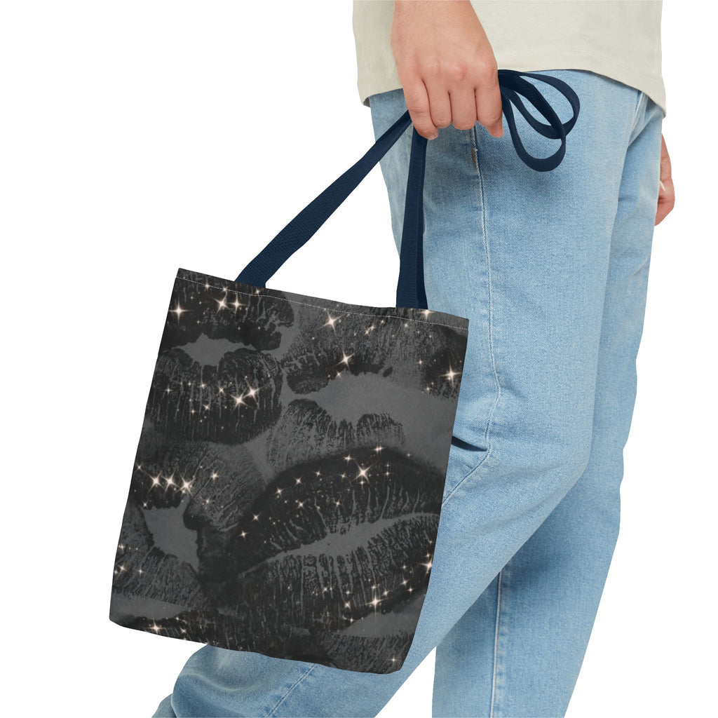Glitter Kiss Print Tote Bag | Black Lipstick Pattern, Sparkle All-Over