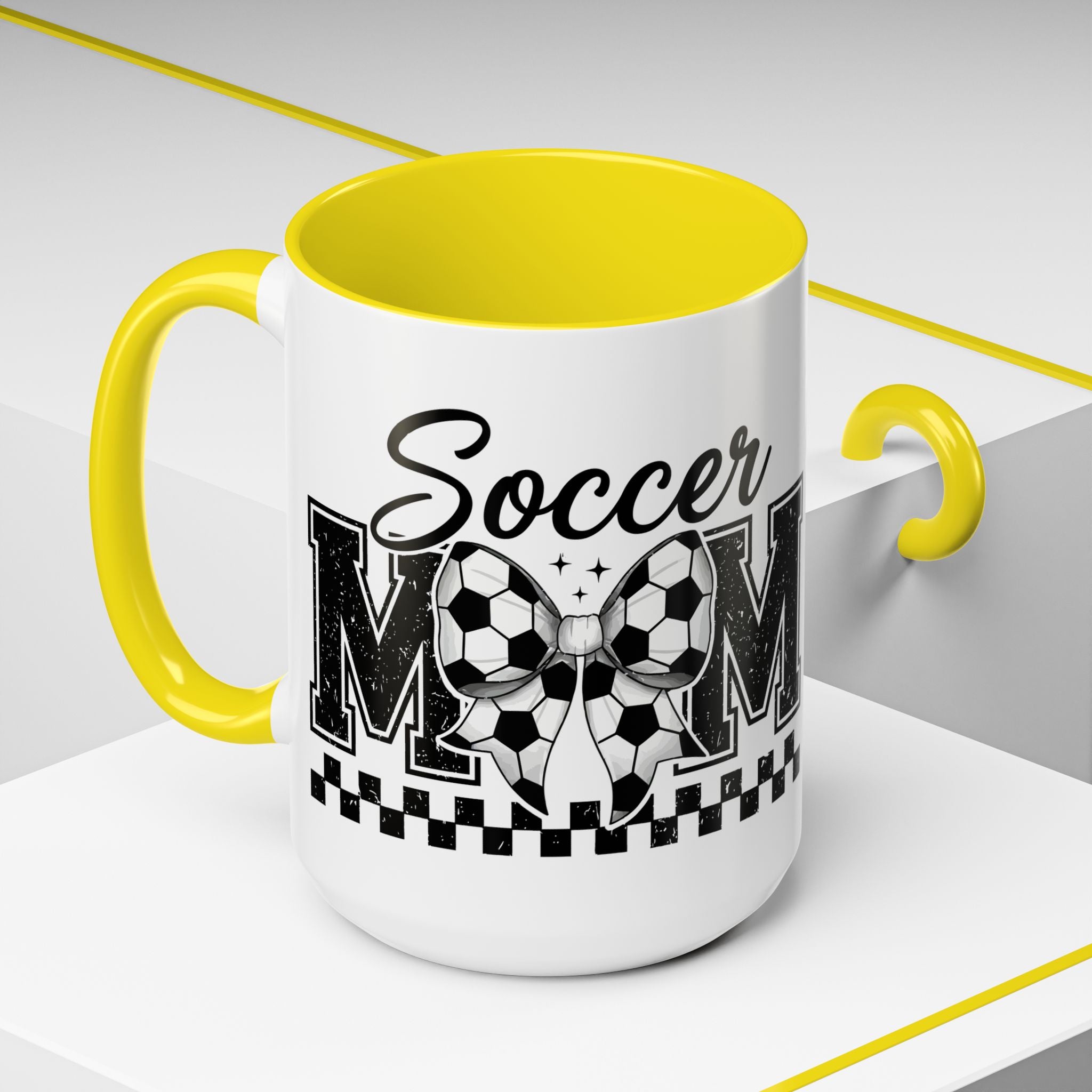 Soccer Mom Accent Coffee Mug — Black Interior & Handle, Soccer Ball Graphic